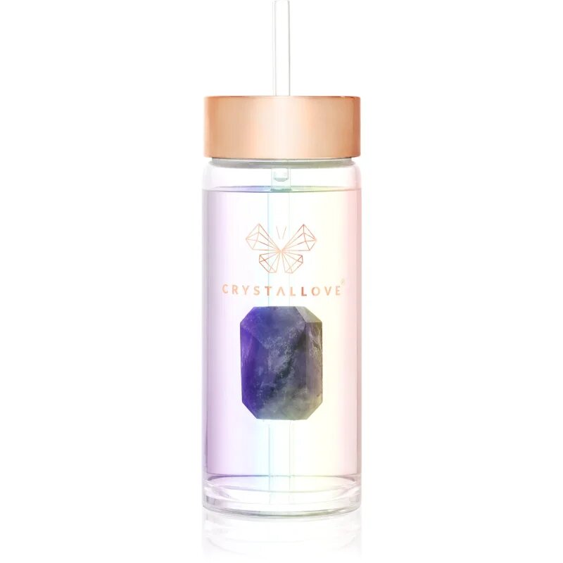 Crystallove Clear Quartz Straw Water Bottle стъклена бутилка за вода със сламка Hologram - Amethyst 400 мл.