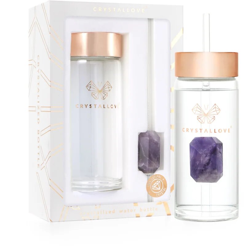 Crystallove Clear Quartz Straw Water Bottle стъклена бутилка за вода със сламка Hologram - Amethyst 400 мл.