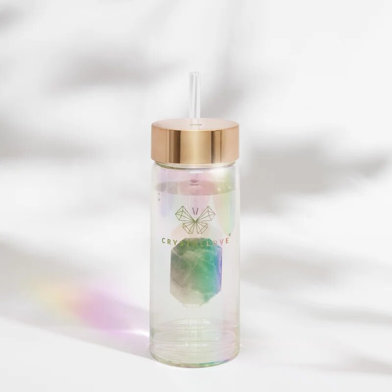 Crystallove Clear Quartz Straw Water Bottle стъклена бутилка за вода със сламка Hologram - Amethyst 400 мл.