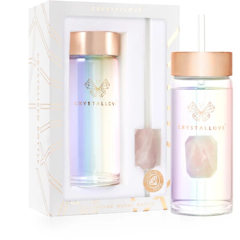 Crystallove Clear Quartz Straw Water Bottle стъклена бутилка за вода със сламка Hologram - Rose Quartz 400 мл.