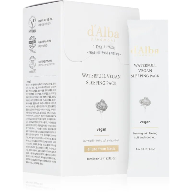 d'Alba Waterfull Vegan Sleeping Pack успокояваща хидратираща маска за нощ 4x12 мл.
