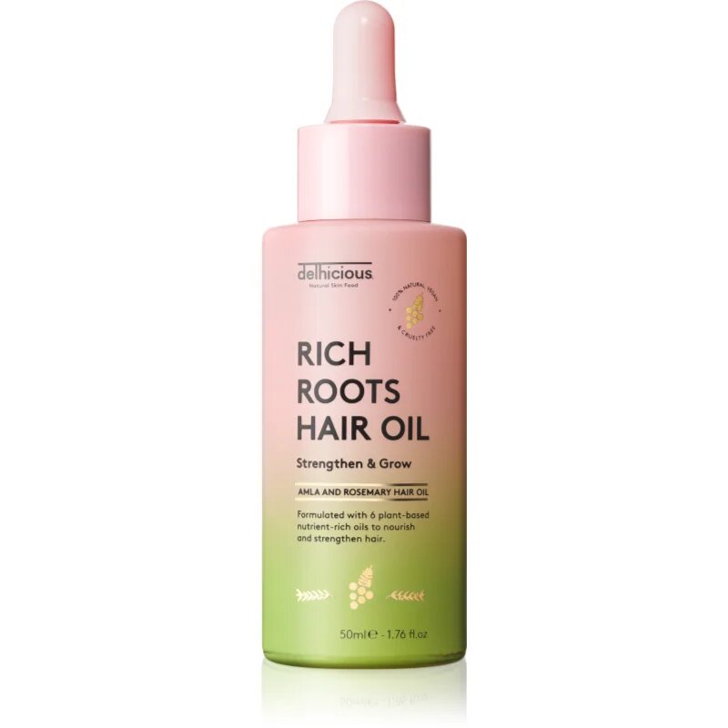 delhicious RICH ROOTS AMLA & ROSEMARY HAIR OIL хидратиращо и успокояващо масло за суха и сърбяща кожа на главата 50 мл.