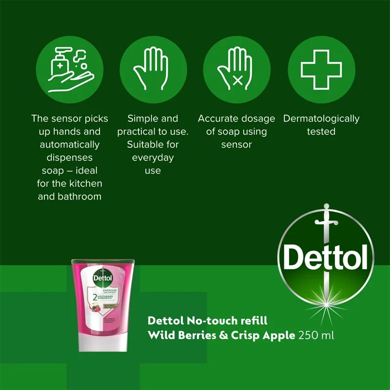 Dettol Energise Liquid Hand Wash Wild Berries & Crisp Apple пълнител за безконтактен дозатор за сапун 250 мл.