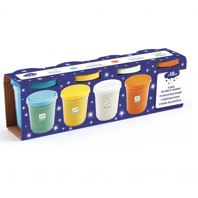 DJECO 4 Tubs of Play Dough цветен металик пластелин с блестящи частици 18m+ 4 бр.