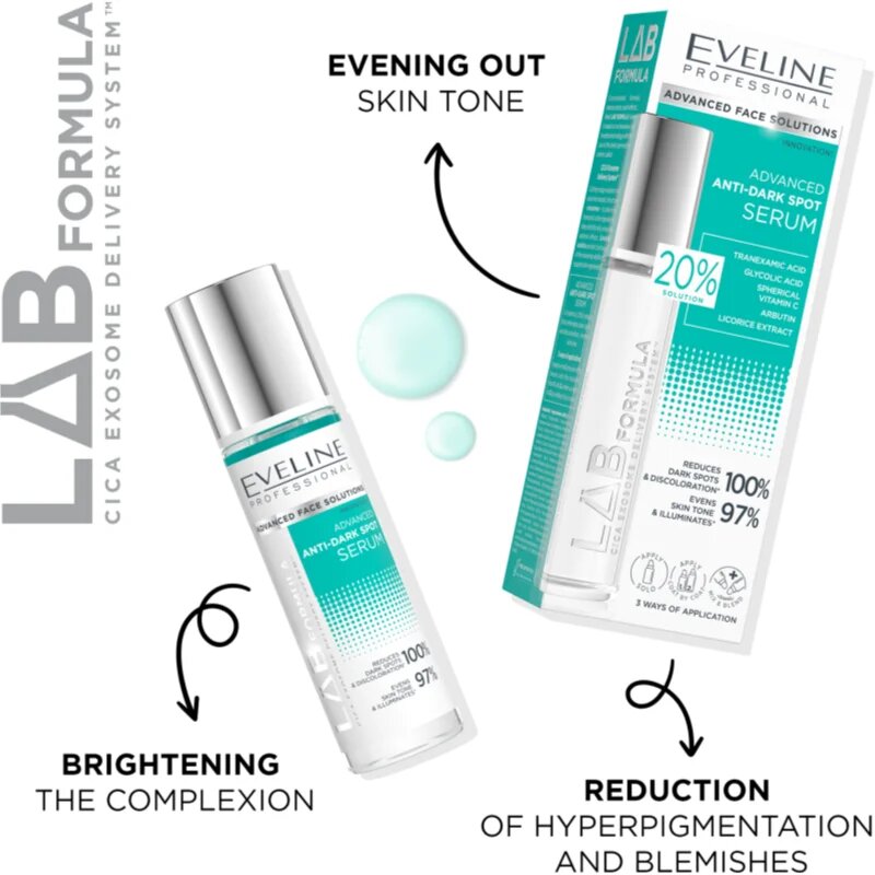 Eveline Cosmetics LAB Formula 20% Solution уеднаквяваща грижа за лице с хиперпигментация 30 мл.