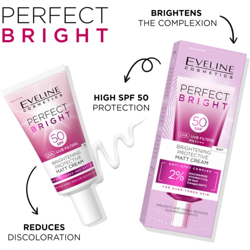Eveline Cosmetics Perfect Bright SPF 50 защитен матиращ крем за лице SPF 50 30 мл.