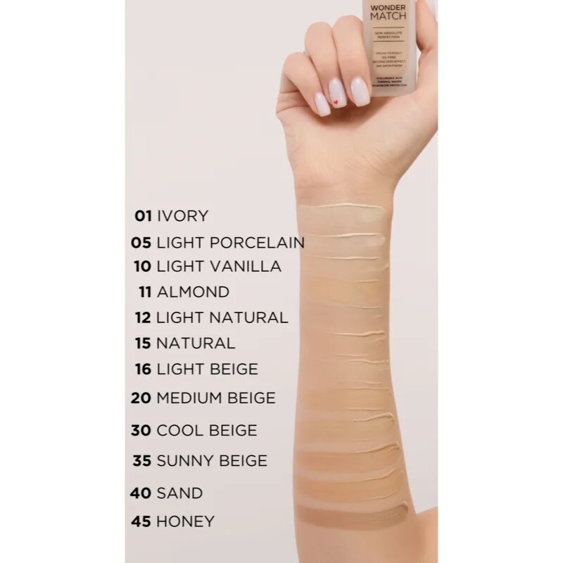 Eveline Cosmetics Wonder Match дълготраен течен фон дьо тен с хиалуронова киселина цвят 35 Sunny Beige 30 мл.