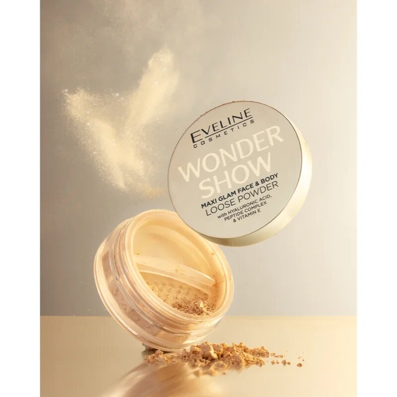 Eveline Cosmetics Wonder Show озаряваща насипна пудра за лице и тяло Maxi Glam 6 гр.