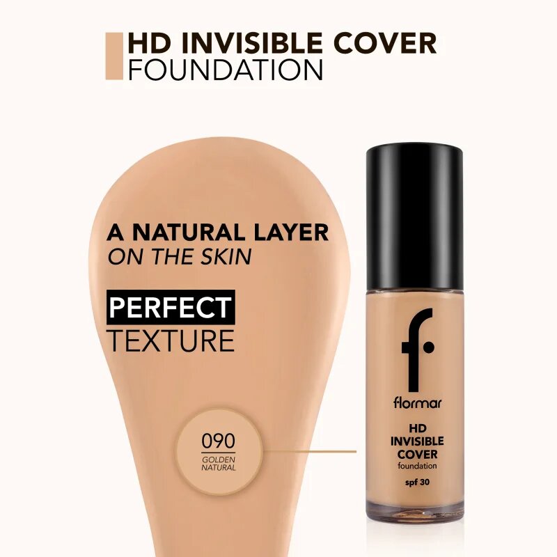 flormar HD Invisible Cover Foundation лек фон дьо тен с озаряващ ефект SPF 30 цвят 090 Golden Natural 30 мл.
