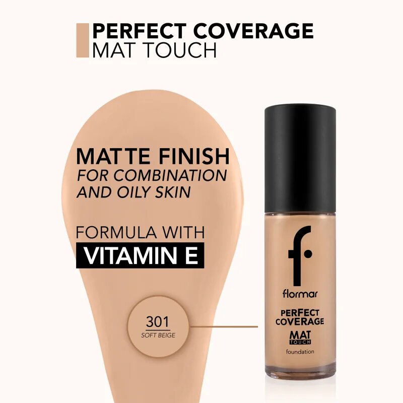 flormar Perfect Coverage Mat Touch Foundation матиращ фон дьо тен за комбинирана към мазна кожа цвят 301 Soft Beige 30 мл.