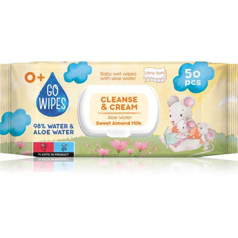 GoWipes Cleanse & Cream Sweet Almond Milk нежни мокри кърпички за бебета за чувствителна кожа алое вера 0+ 50 бр.