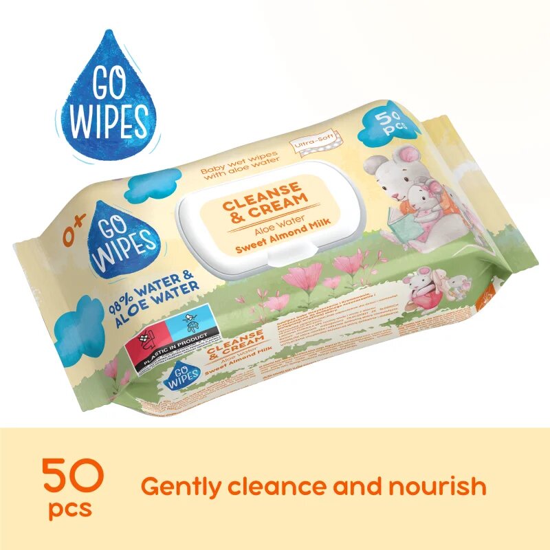 GoWipes Cleanse & Cream Sweet Almond Milk нежни мокри кърпички за бебета за чувствителна кожа алое вера 0+ 50 бр.