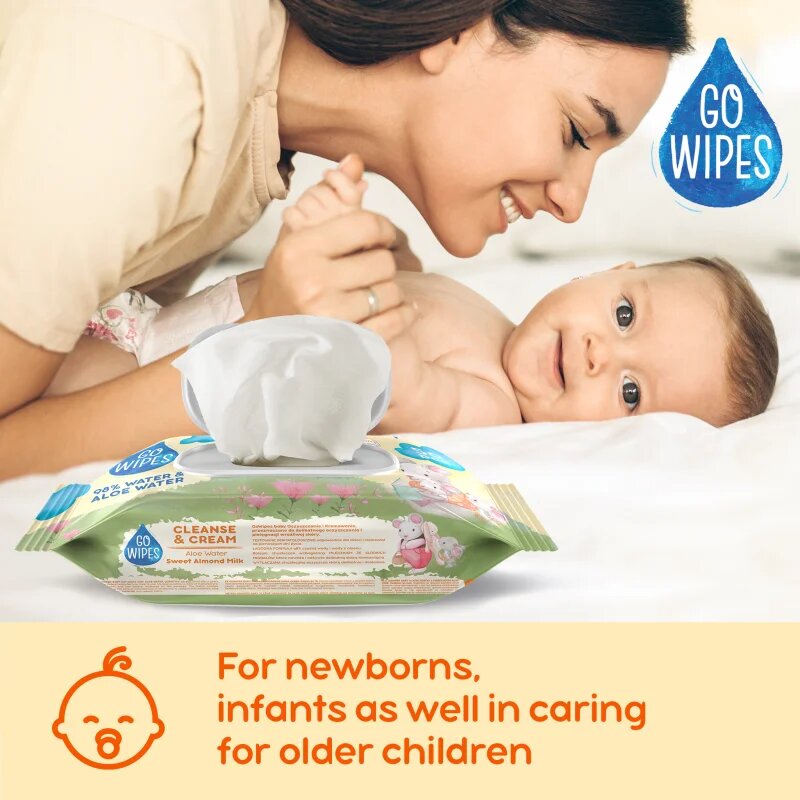 GoWipes Cleanse & Cream Sweet Almond Milk нежни мокри кърпички за бебета за чувствителна кожа алое вера 0+ 50 бр.