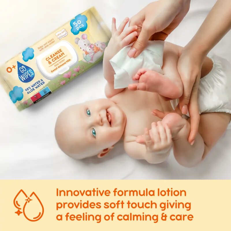 GoWipes Cleanse & Cream Sweet Almond Milk нежни мокри кърпички за бебета за чувствителна кожа алое вера 0+ 50 бр.