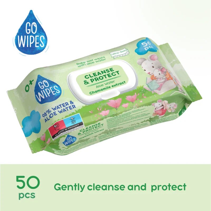 GoWipes Cleanse & Protect Chamomile extract нежни мокри кърпички за бебета с алое вера 50 бр.