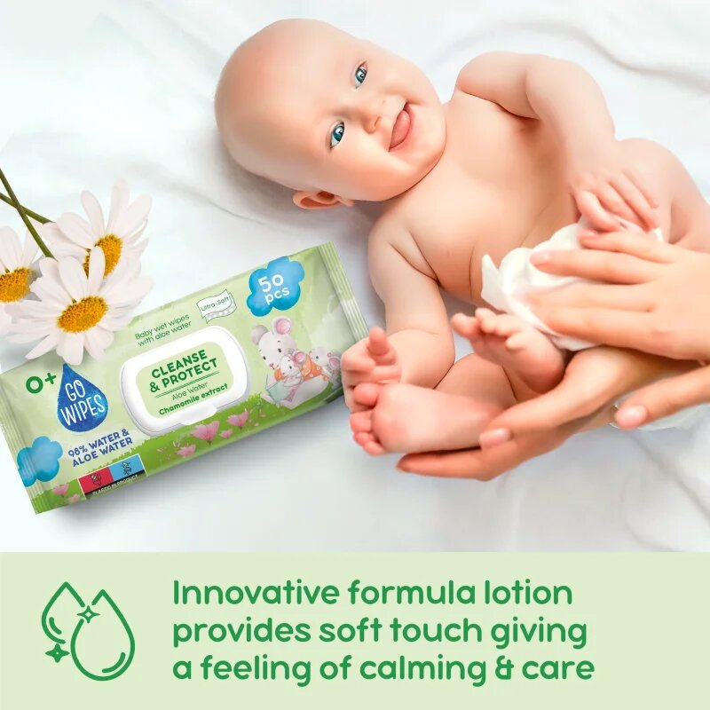 GoWipes Cleanse & Protect Chamomile extract нежни мокри кърпички за бебета с алое вера 50 бр.