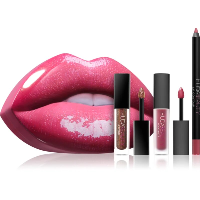 Huda Beauty Contour & Strobe Lip Set подаръчен комплект цвят Trophy Wife & Shameless