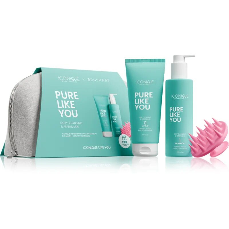 ICONIQUE Professional PURE LIKE YOU Set Shampoo 250 ml Scrub 200 ml BrushArt Massage Brush подаръчен комплект за коса и скалп