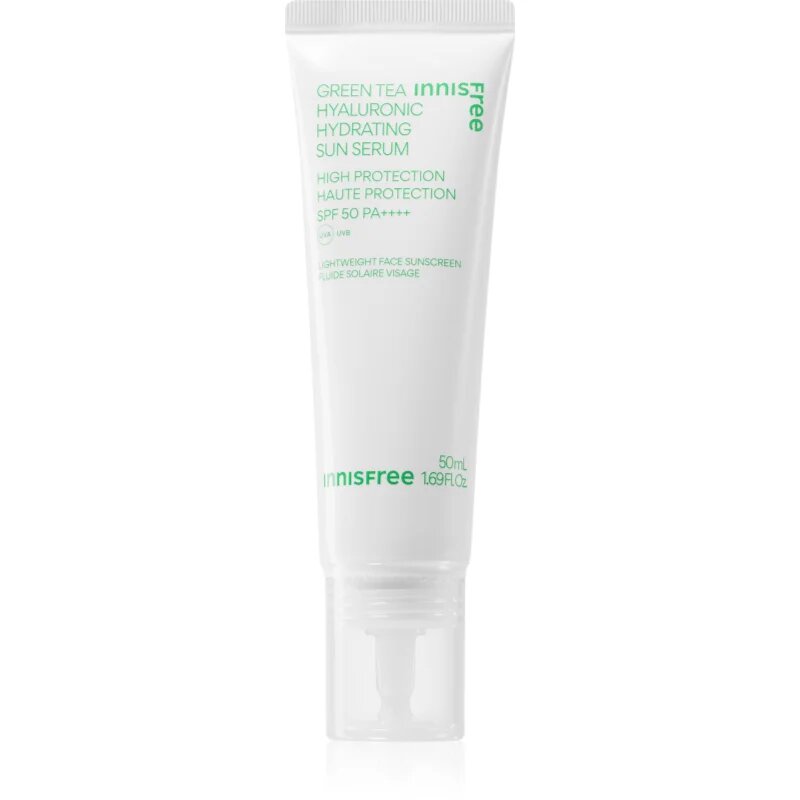 innisfree Green Tea Hyaluronic Sun Serum защитен овлажняващ флуид с успокояващ ефект SPF 50+ 50 мл.