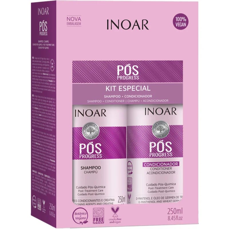 INOAR Pos Progress комплект За коса след кератиново изправяне и нанопластика 2x250 мл.