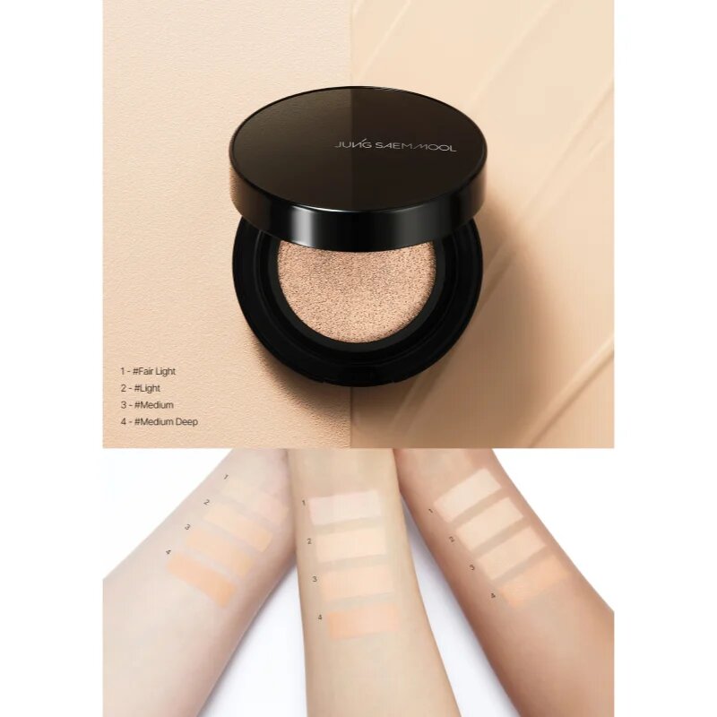 JUNG SAEM MOOL Essential Skin Nuder Longwear Cushion дълготраен грим в гъбичка SPF 50+ + резервен пълнител цвят Medium Deep 2x14 гр.