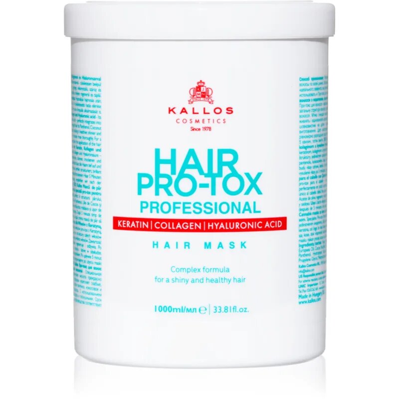 Kallos Hair Pro-Tox маска за слаба и увредена коса с кокосово масло хиалуронова киселина и колаген 1000 мл.