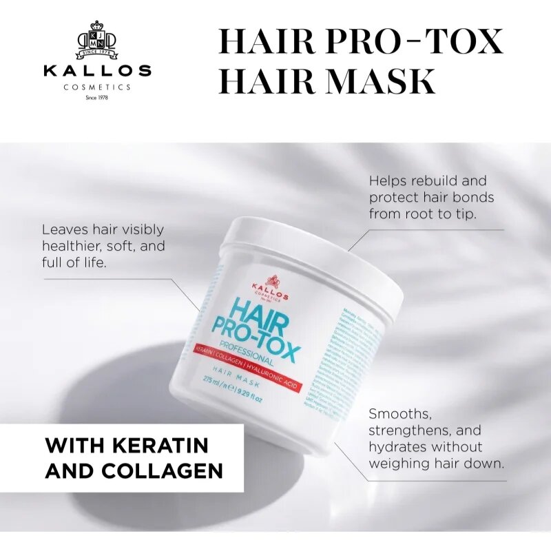 Kallos Hair Pro-Tox маска за слаба и увредена коса с кокосово масло хиалуронова киселина и колаген 275 мл.