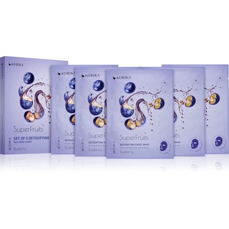 KORIKA SuperFruits Blueberry - Set of 5 Detoxifying Face Sheet Masks комплект маски за лице на намалена цена с детокс ефект Blueberry