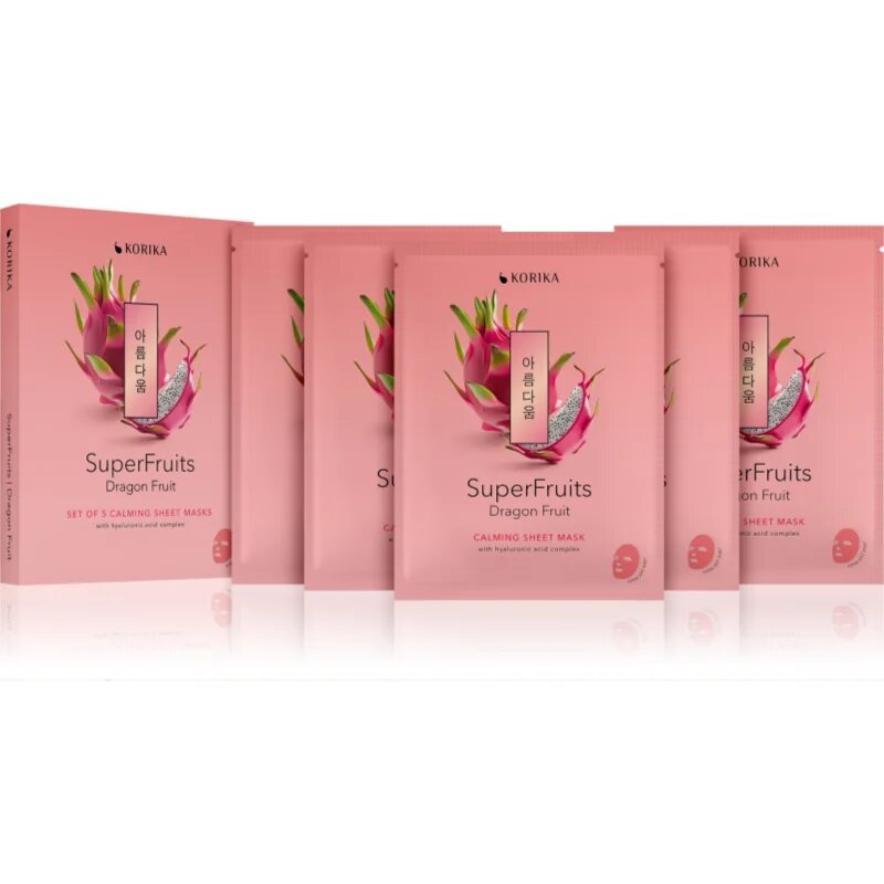 KORIKA SuperFruits Dragon Fruit - Set of 5 Calming Face Sheet Masks комплект маски за лице на намалена цена с успокояващ ефект 5x25 гр.