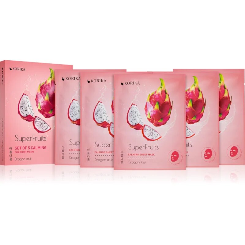 KORIKA SuperFruits Dragon Fruit - Set of 5 Calming Face Sheet Masks комплект маски за лице на намалена цена с успокояващ ефект Dragon fruit