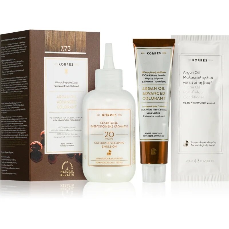 Korres Argan Oil перманентната боя за коса с арганово масло цвят 7.73 Golden Mocha 50 мл.