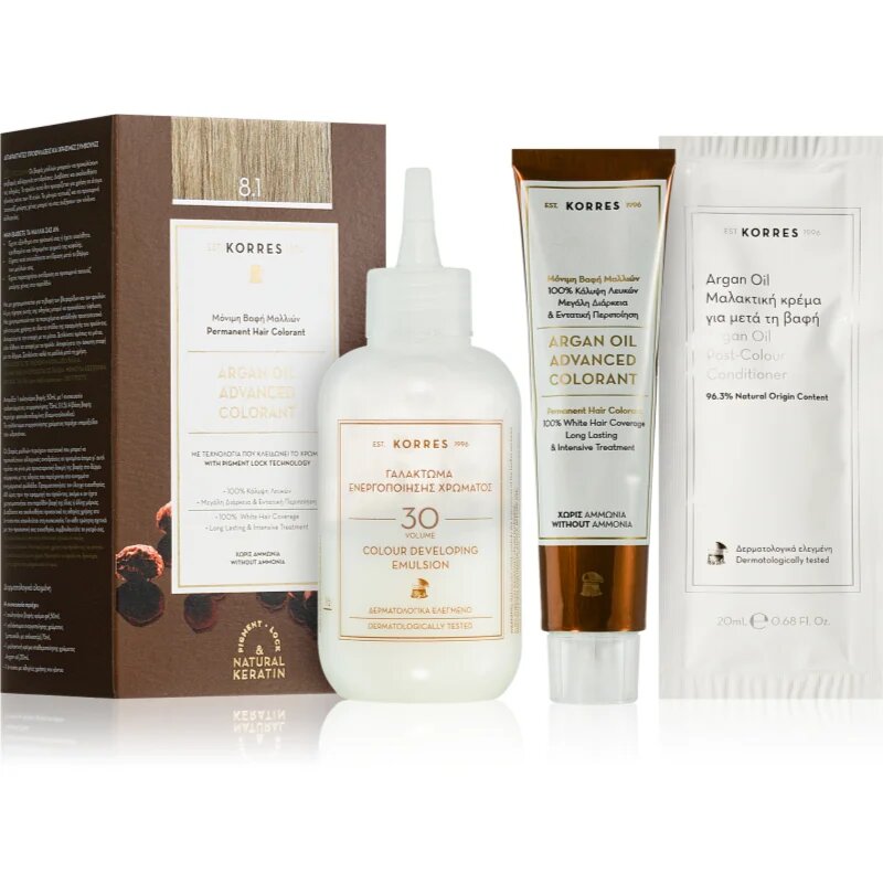 Korres Argan Oil перманентната боя за коса с арганово масло цвят 8.1 Ash Light Blonde 50 мл.