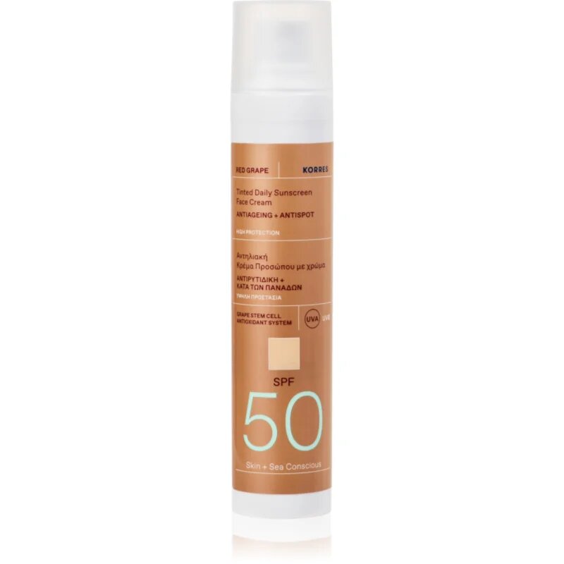 Korres Red Grape Tinted Daily Sunscreen тониращи слънцезащитни продукти да уеднакви цвета на кожата SPF 50 50 мл.