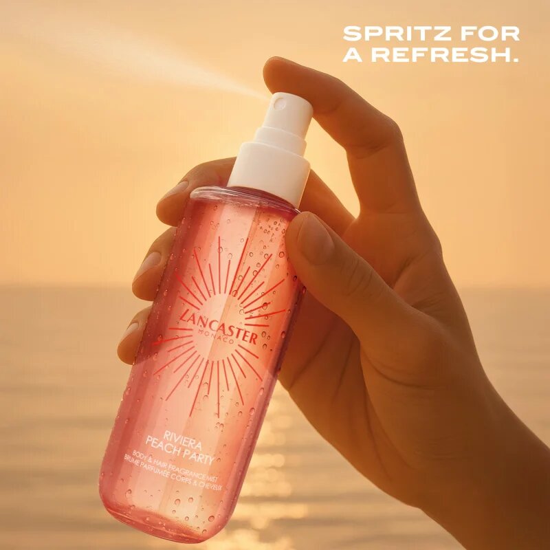 Lancaster Eau de Hair & Body Mist парфюмна мъгла за лице тяло и коса аромати Peach Party 236 мл.