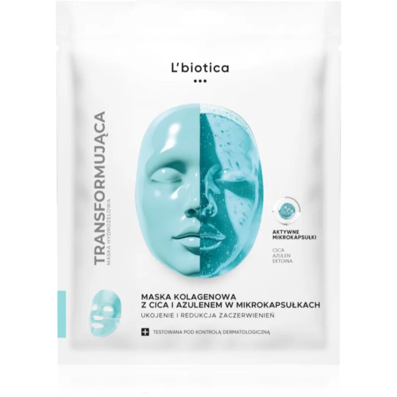 L’biotica Transforming Collagen Mask with CICA and Azulene in Microcapsules колагенова маска против зачервяване на кожата 1 бр.