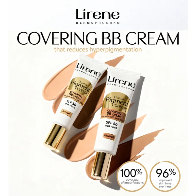 Lirene Derma Pigment Control Covering BB Cream SPF 50 озаряващ ВВ крем против пигментни петна цвят 01 Light 30 мл.