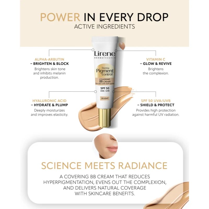Lirene Derma Pigment Control Covering BB Cream SPF 50 озаряващ ВВ крем против пигментни петна цвят 01 Light 30 мл.