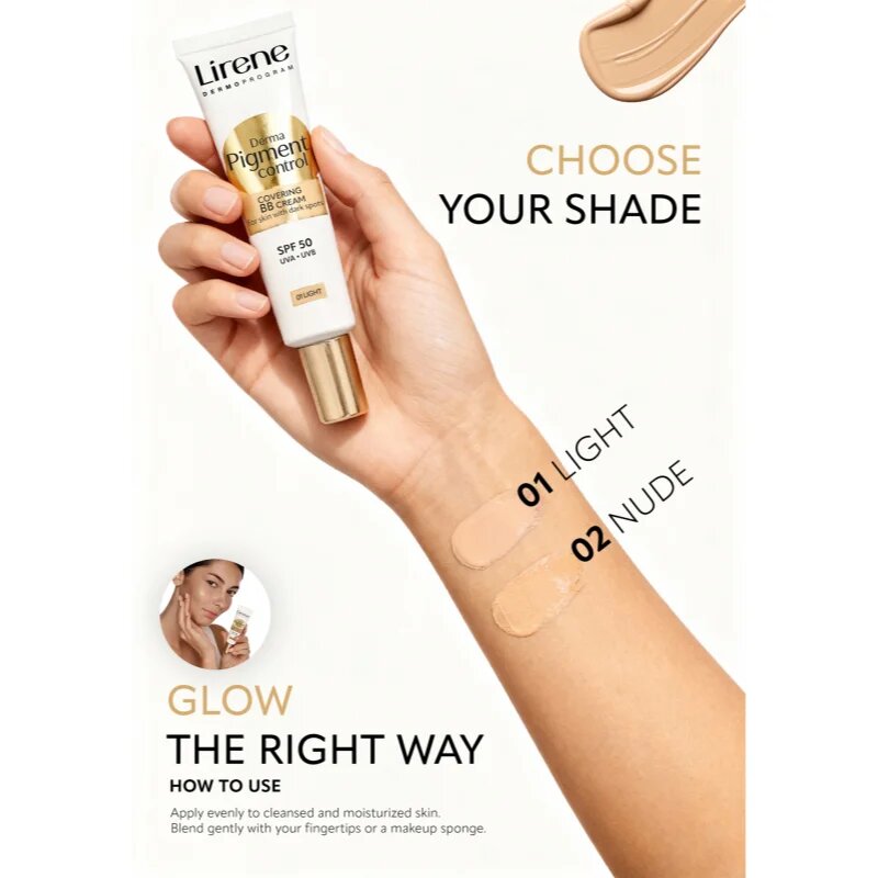 Lirene Derma Pigment Control Covering BB Cream SPF 50 озаряващ ВВ крем против пигментни петна цвят 01 Light 30 мл.