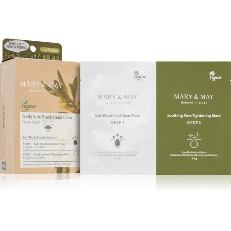 Mary&May Daily Safe Black Head Clear Nose Mask почистваща лепенка за запушени пори по носа за двуфазно третиране на кожата на лицето 2x10 бр.