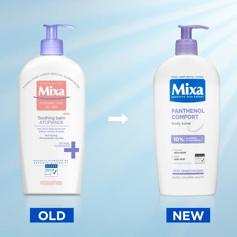 MIXA Panthenol Comfort ускокояващо мляко за тяло за много суха чувствителна кожа и кожа склонна към атопия 400 мл.
