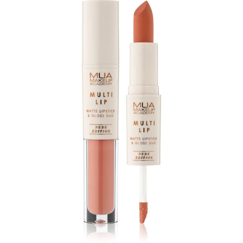 MUA Makeup Academy Multi Lip Nude Edition дълготрайно червило и гланц за устни дуо цвят Caramel 3.2 гр.