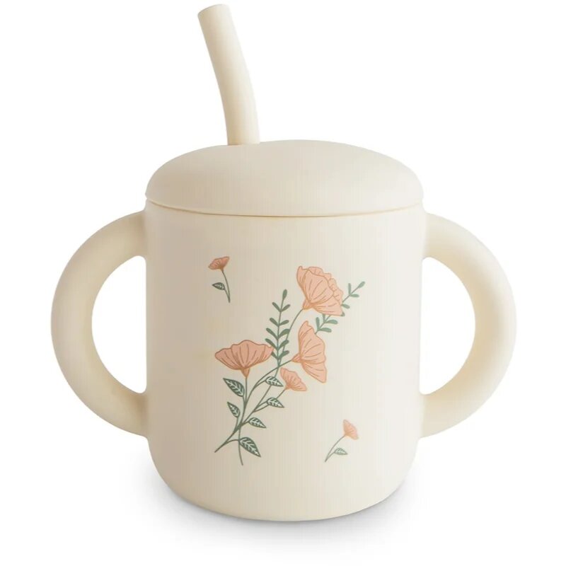 Mushie Silicone Training Cup Pink Flowers чаша със сламка 1 бр.