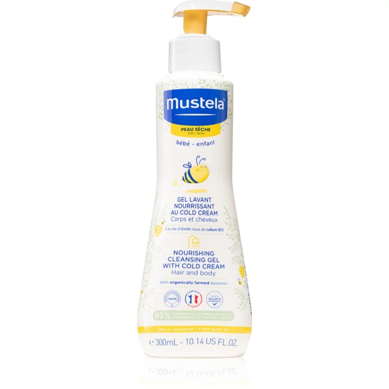 Mustela Bébé Dry Skin подхранващ почистващ гел съдържащ защитен крем възстановяващ кожната бариера за деца от раждането им 300 мл.