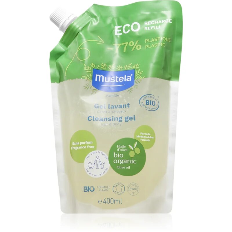 Mustela BIO миещ гел за тяло и коса за деца от раждането им резервен пълнител 400 мл.