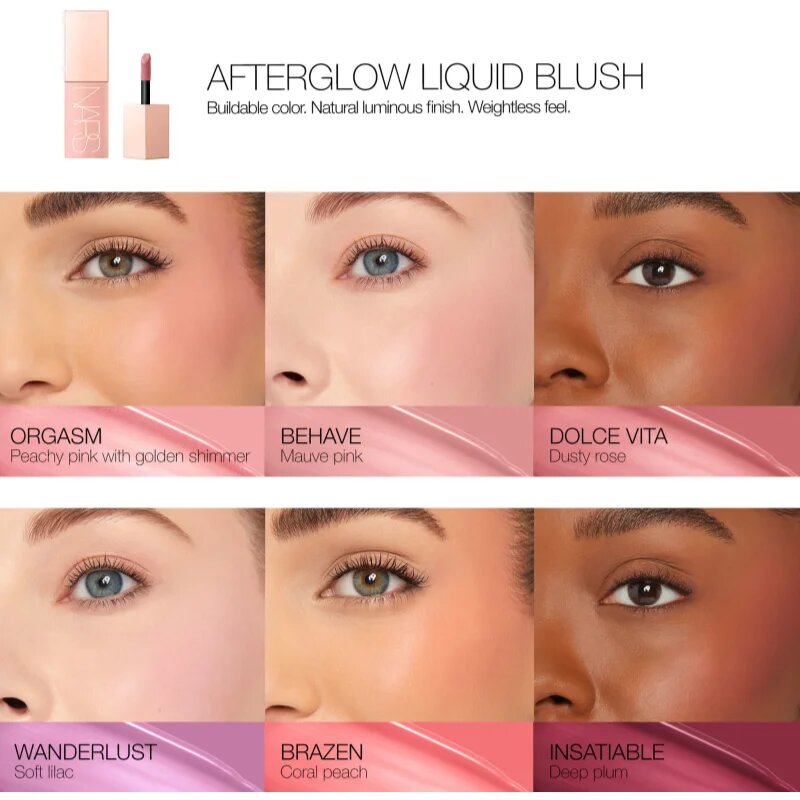 Nars AFTERGLOW LIQUID BLUSH течен руж за сияен вид на кожата цвят BRAZEN 7 мл.