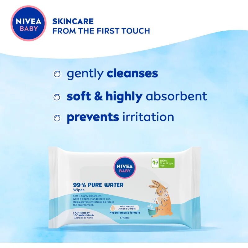 Nivea BABY Pure Water освежаващи мокри кърпички 57 бр.