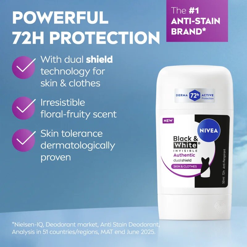 Nivea Black & White Authentic твърд антиперспирант 72 ч. 50 мл.