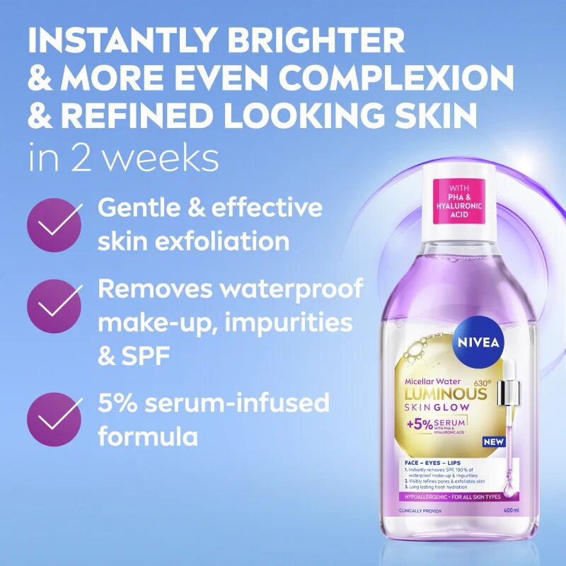 Nivea Luminous Skin Glow почистваща мицеларна вода за озаряване на лицето 400 мл.