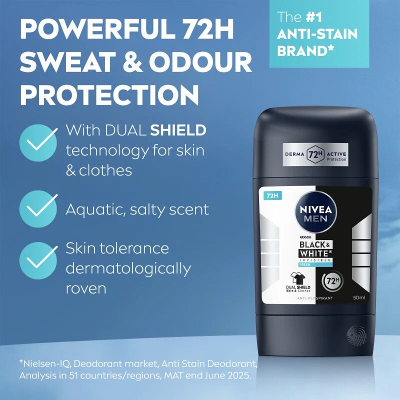 Nivea MEN Black & White Invisible Fresh твърд антиперспирант за мъже 50 мл.