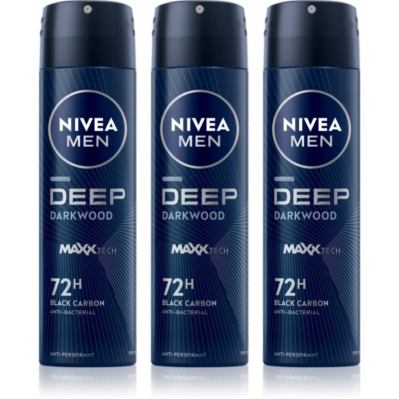 Nivea MEN Deep Black Carbon Darkwood антиперспирант-спрей изгодна опаковка за мъже 3 x 150 ml